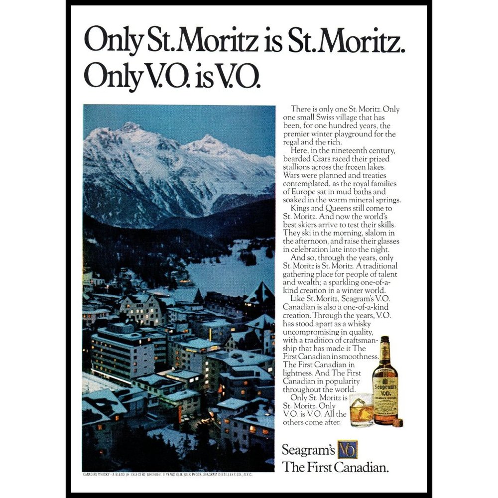 1974 Seagrams V.O. Whiskey Vintage Print Ad St. Moritz Alps Ski Skiing Wall Art